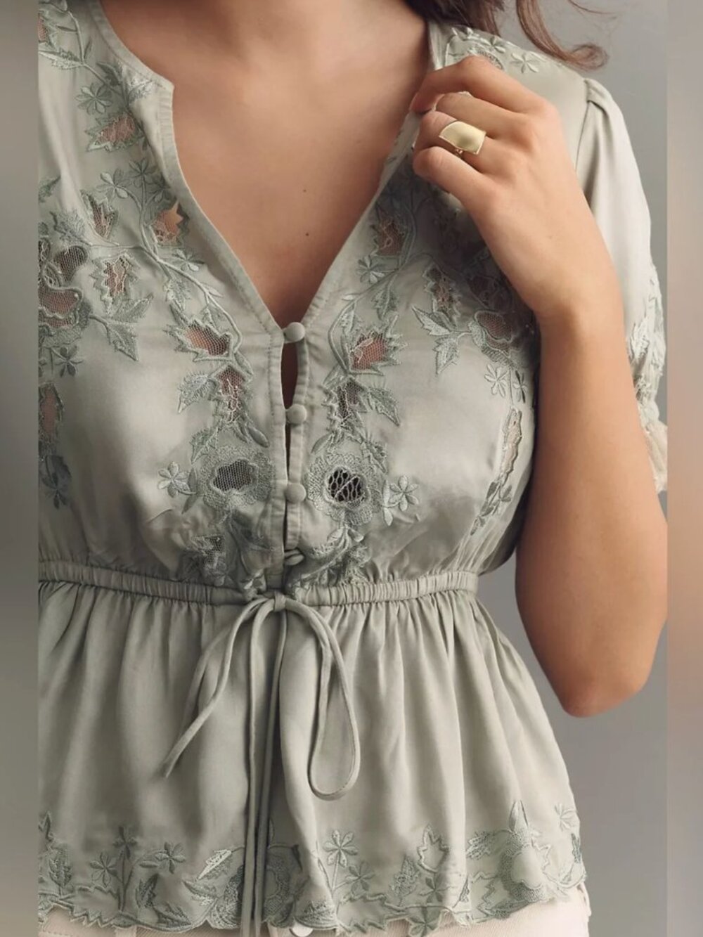 Anthropologie Blue Floral Embroidered Lace V Neck Peplum Blouse Size M